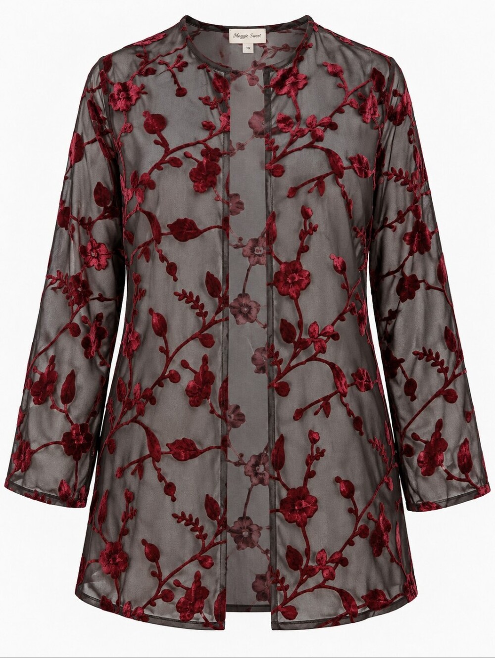 Vintage Maggie Sweet 1X Black Burgundy Velvet Burnout Floral Sheer Tunic Jacket